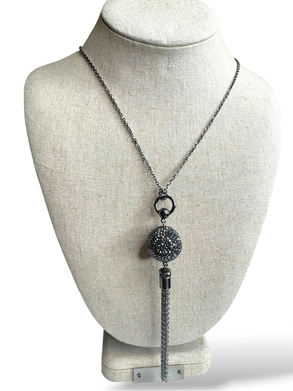 Henri Bendel Gunmetal Sparkle Ball Tassel Pendant Long Necklace w Dustbag